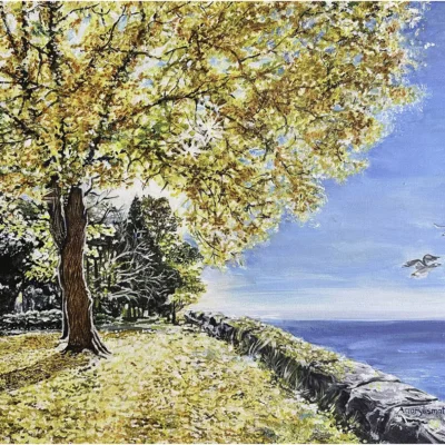 Golden Tree at the Edge of a Tranquil Lake