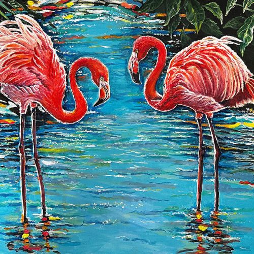 two-flamingos
